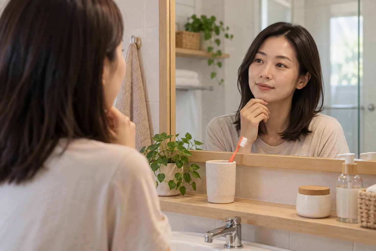 成年女子安靜對鏡，杯中放著牙刷