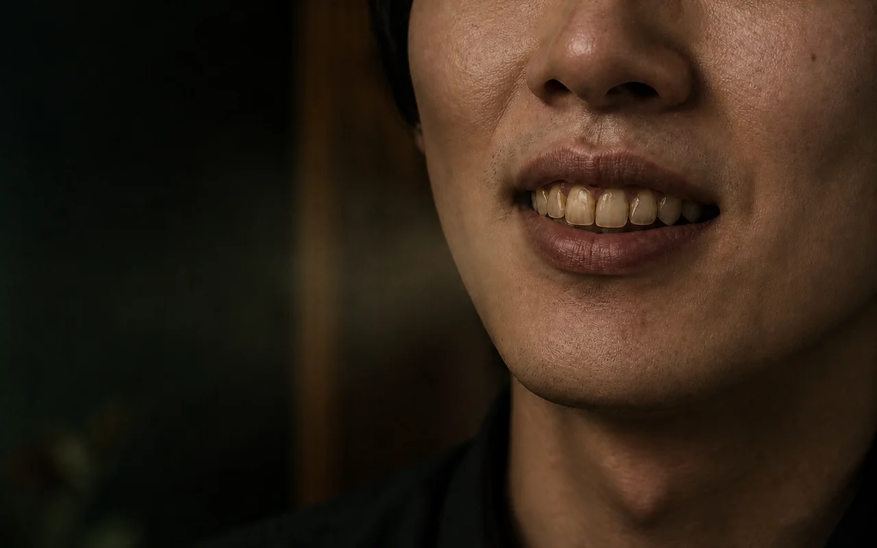 同一位人物，牙菌斑略微減少，舌苔也淡了一些。