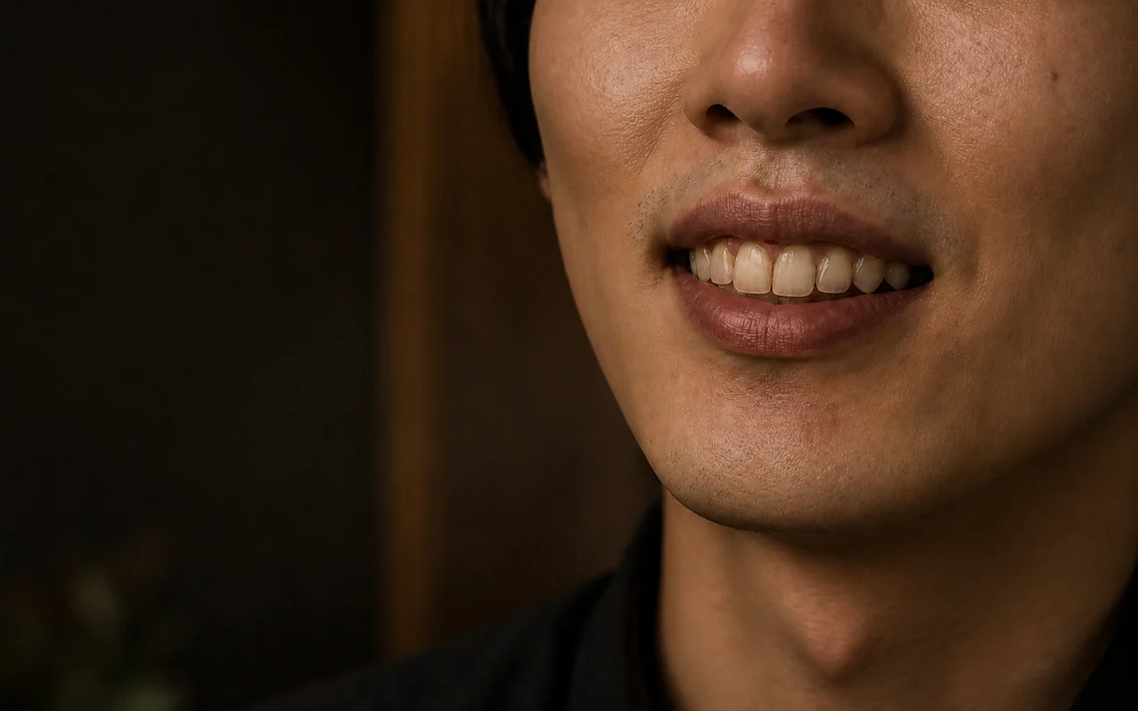 同一位人物，牙漬明顯減少，牙齦維持自然的淡粉色。