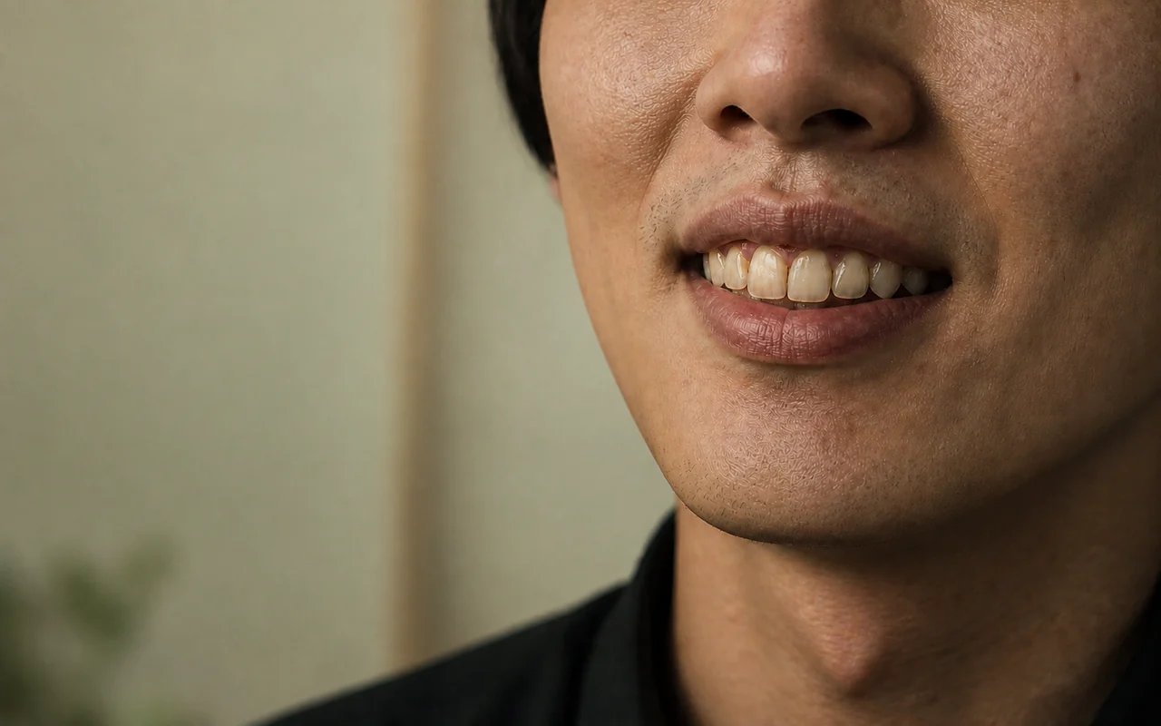 同一位人物,牙面接近乾淨,開始自然露出牙齒。