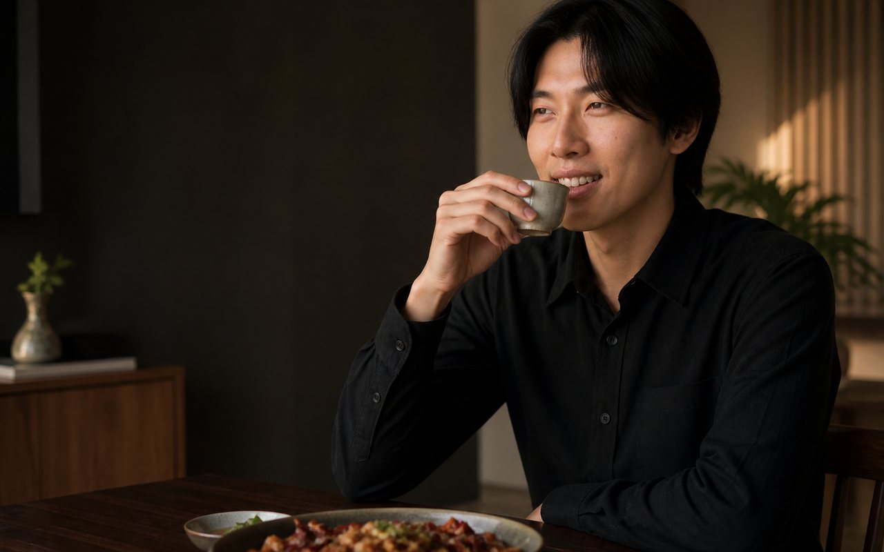 一位成年人在亞洲餐桌旁剛喝完茶，手自然靠近嘴邊，神情帶著一點在意。