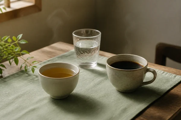 桌上一杯熱茶與一杯黑咖啡。