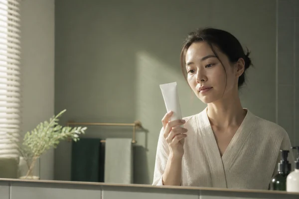 一位成年人拿著美白牙膏，表情略帶猶豫。