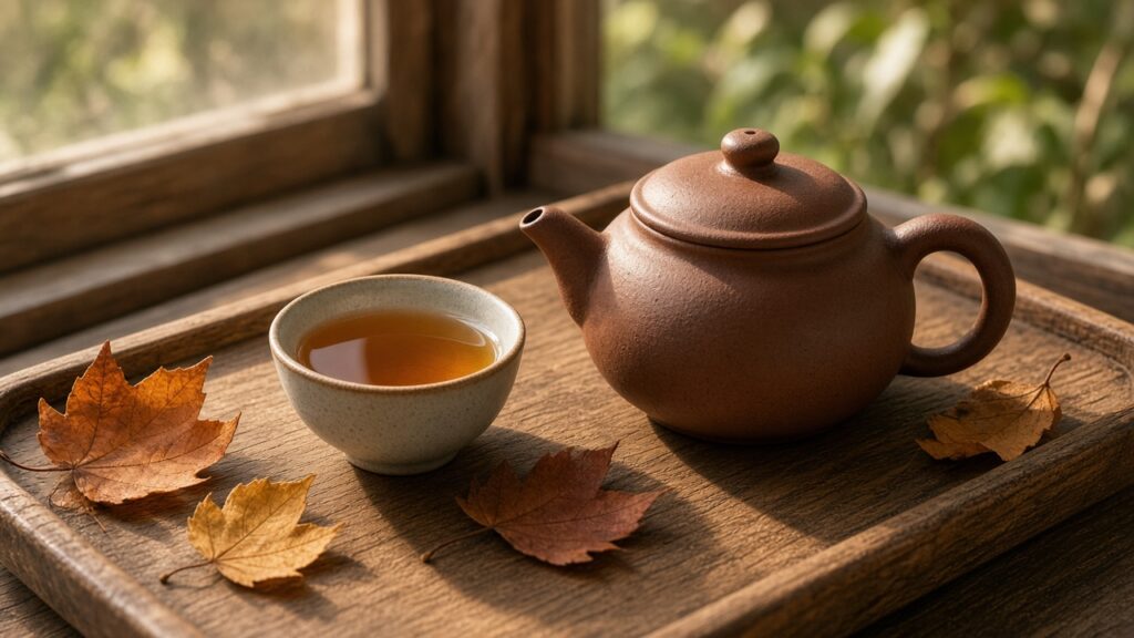 處暑後喝茶節奏的文化靜物，不是藥療，無真人臉