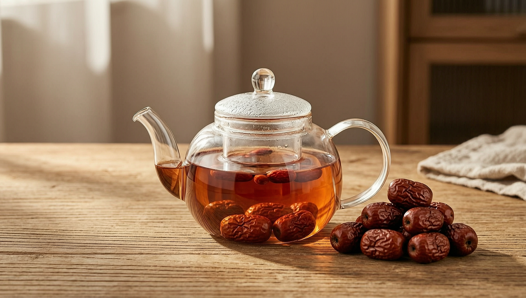 玻璃壺裡的紅棗茶與乾紅棗