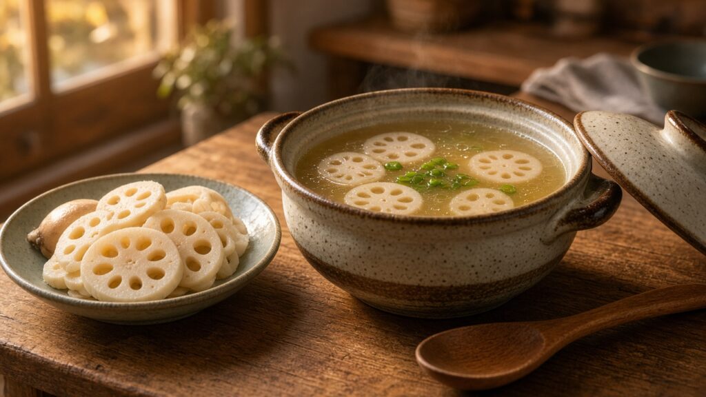 蓮藕湯作為飲食文化而非補品的桌面，無真人臉