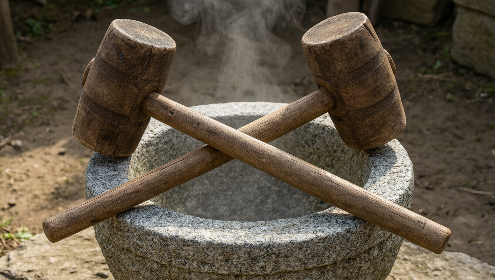 交叉擱在花崗岩石臼邊緣的兩支粗木杵與冒出的熱氣